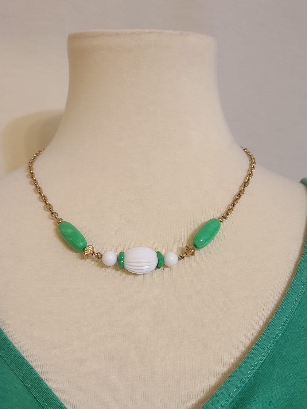 Green and White Beaded Gold-Tone Necklace